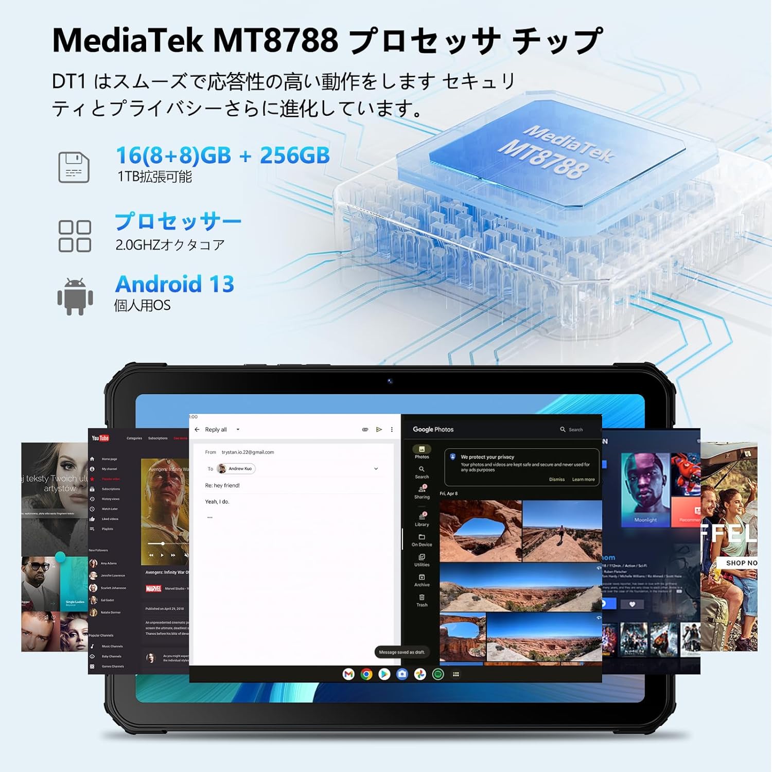 【2023新登場Android 13タブレット】FOSSIBOT DT1 防水タブレット10インチ SIM+WIFI  16GBRAM+256GBROM+1TB拡張 2Kディスプレイ 1200*2000フルHD 8コア11000mAhバッテリー 48MP+16MPカメラ  ...