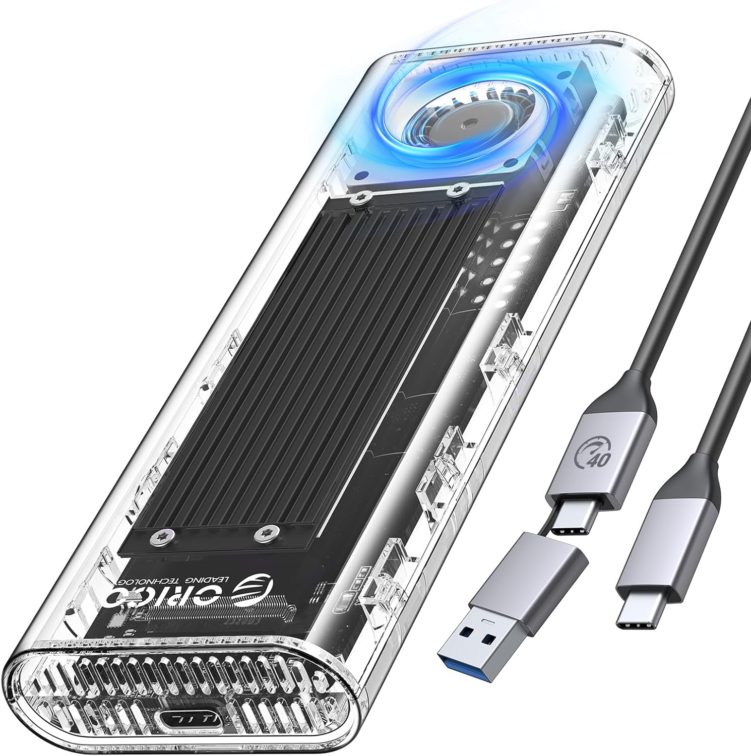 M.2 SSD 外付けケース 40Gbps 工具不要 USB4 NVMe M.2 SSDケース ファン内蔵の透明Thunderbolt 4 SSD  ケース2230 2242 2260 2280(Mキーのみ)対応、USB4/3.2/3.0/2.0対応-ブラック