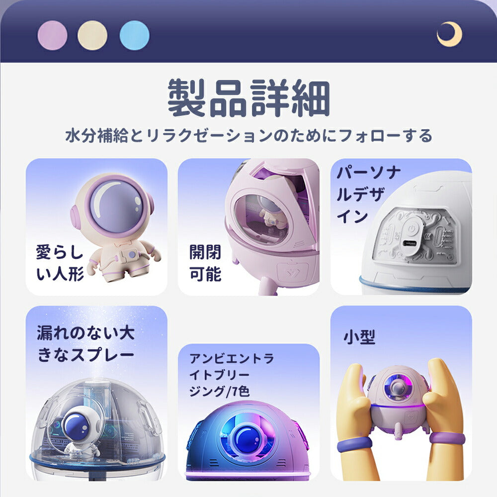 【お買い物マラソン】宇宙飛行士モデル 卓上型超音波加湿器 サイレントモード アロマ加湿器 上から給水 スプレー加湿器 ナイトライト 7色LED搭載 タワー型 おしゃれ かわいい 加熱乾燥防止 容量 40ml/h 220ml 大容量ミスト 友達や家族、子供へのプレゼントに最適です